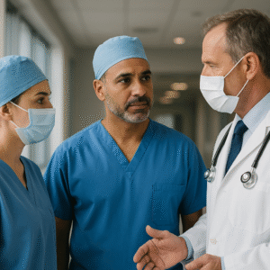 equipe discutindo a gestão hospitalar e a terceirização dos anestesiologistas