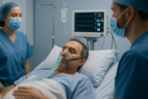 paciente na faixa dos 50 anos passando pela fase pós-anestésica